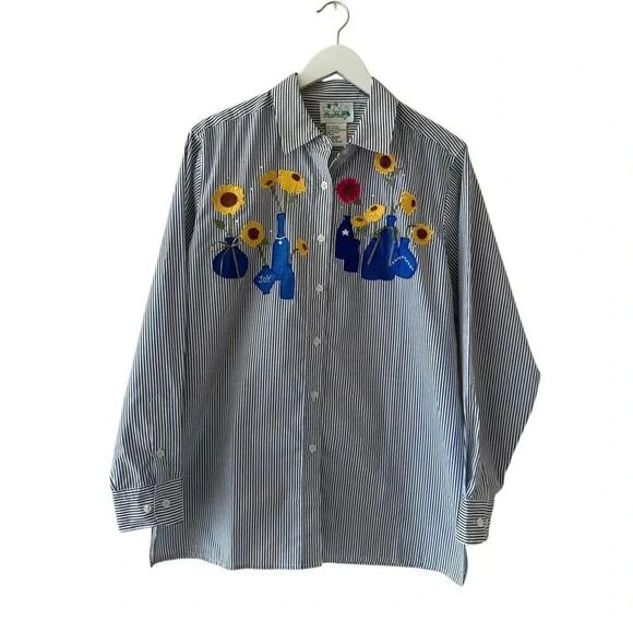 The Quacker Factory Women’s Embroidered Floral Striped Office M #2332 - Picture 1 of 13